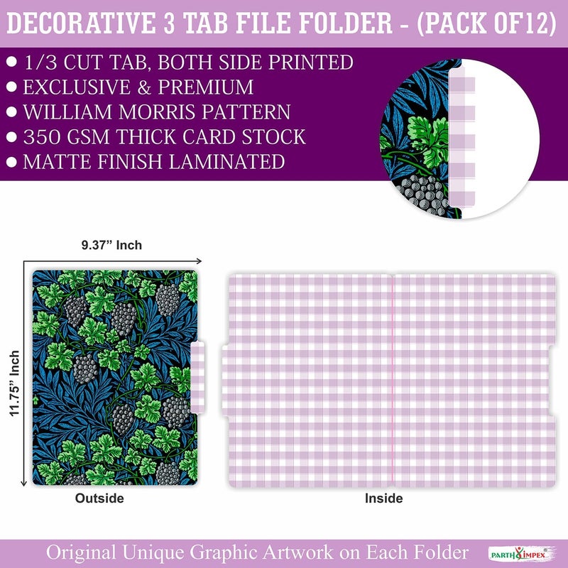 PARTH IMPEX 12 Pack William Morris Decorative File Folders, 1/3 Cut Tab with Assorted Positions, Letter Size Paper Holders (9.75” x 11.75”) Matte Finish Laminated for Office School Work - Image 2